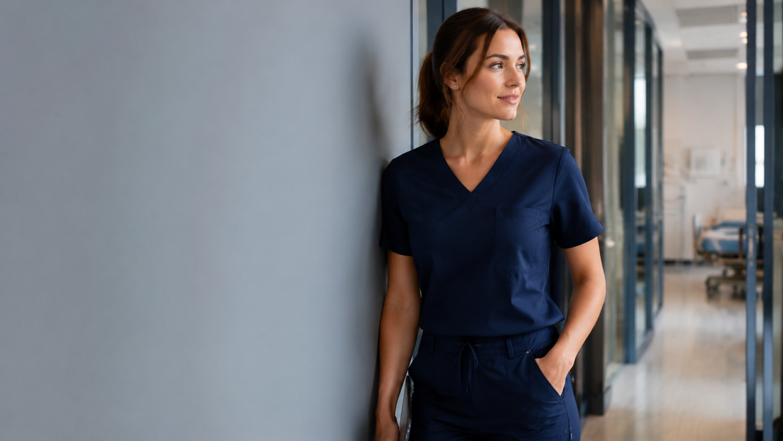Healthcare professional wearing tailored scrubs in a clinical hallway