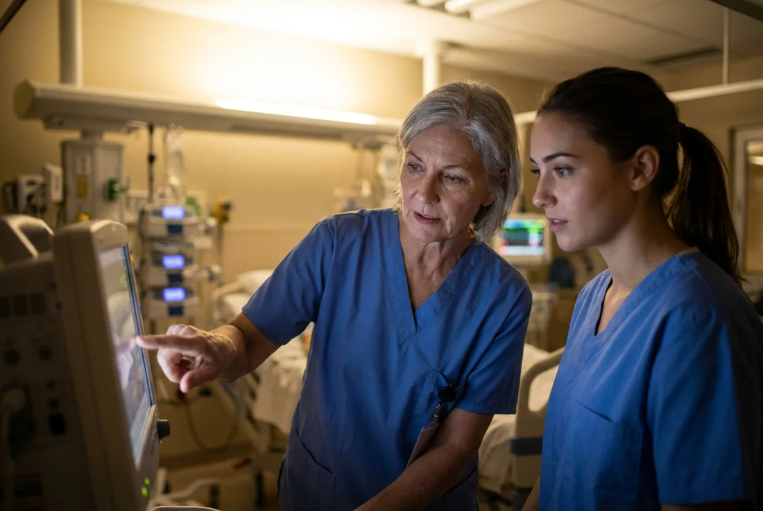 Experienced nurse mentoring young nurse at ICU monitor