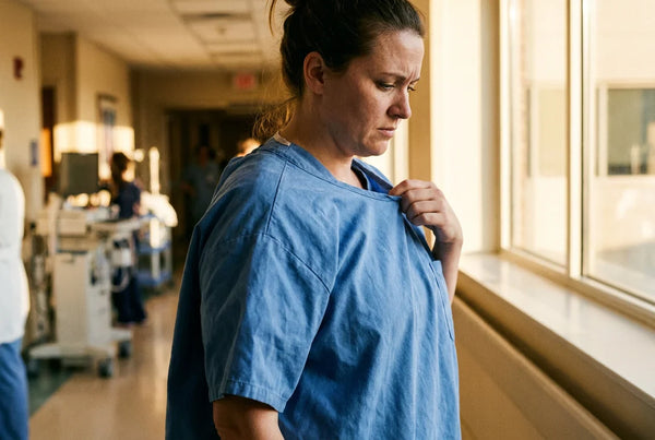 Nurse in ill-fitting scrub top