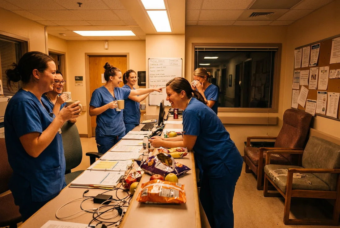 Nurses laughing around chaotic nurse station with coffee and snacks