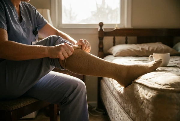 Nurse putting on compression socks