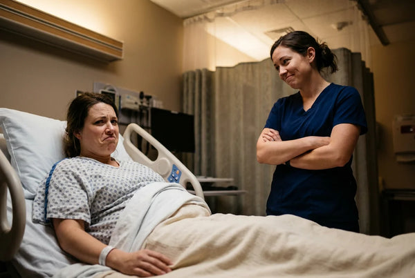 Nurse as patient lying in hospital bed with nurse colleague beside