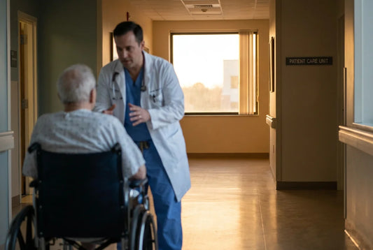 Doctor in white coat with patient in hospital corridor