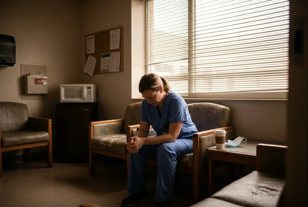 Nurse sitting alone in break room after difficult code emotional moment