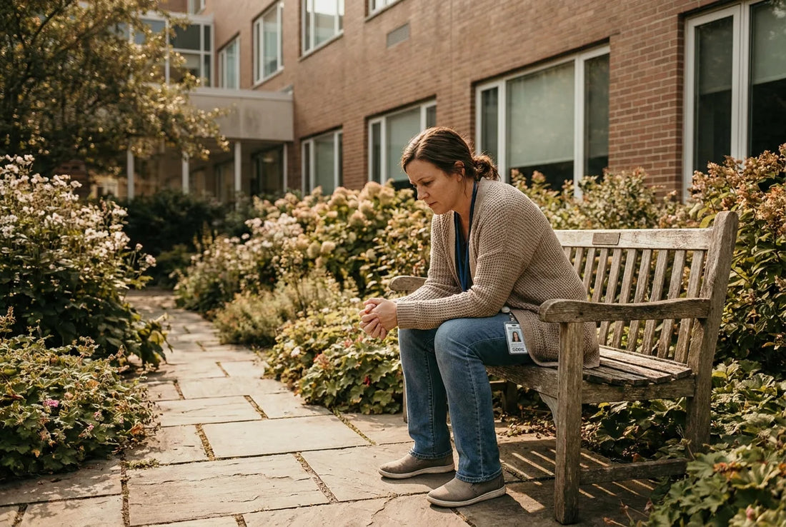 Nurse sitting alone on garden bench quiet self-care moment