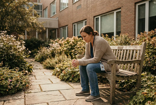 Nurse sitting alone on garden bench quiet self-care moment
