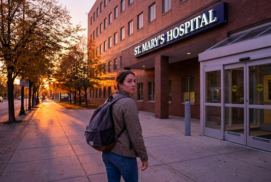 Nurse walking away from hospital at sunset leaving bedside