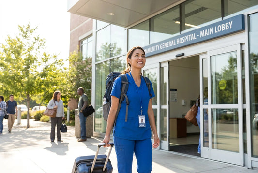 Travel nurse with suitcase entering new hospital building