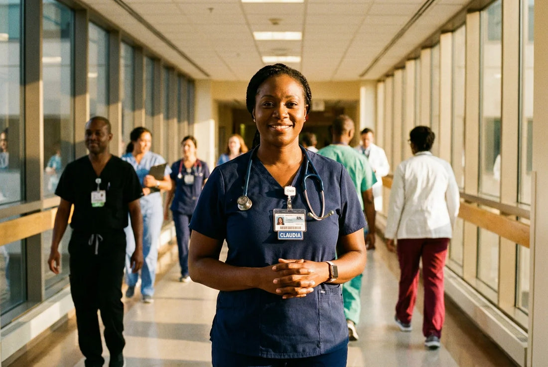 Black female nurse standing confidently in hospital hallway representation