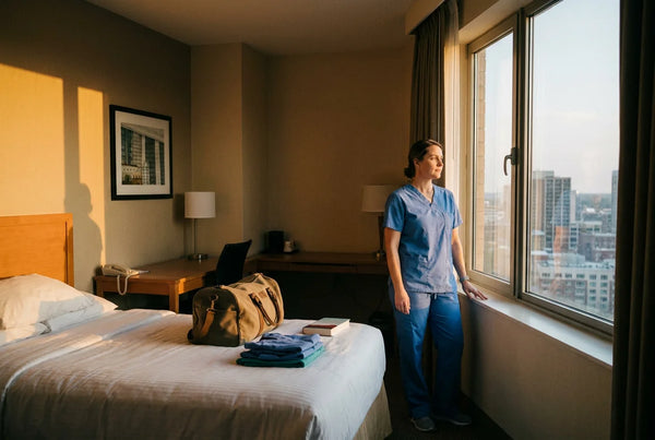 Travel nurse packing a single duffel bag in hotel room
