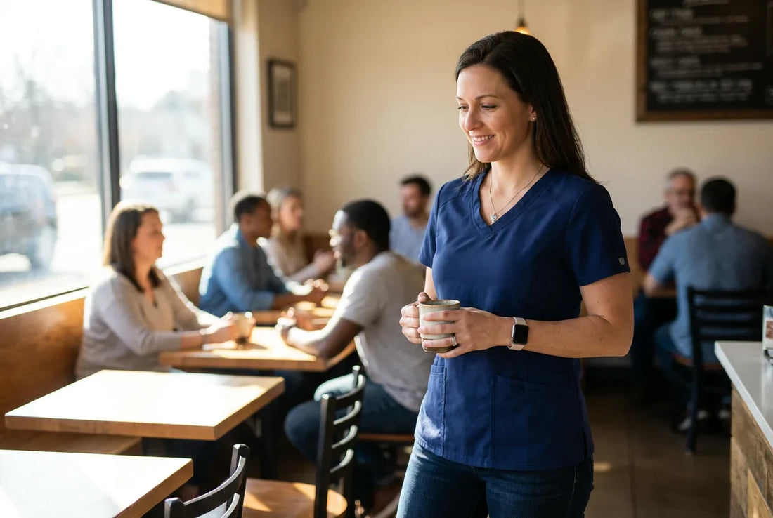 Nurse in custom scrub drinking coffee at cozy cafe off duty