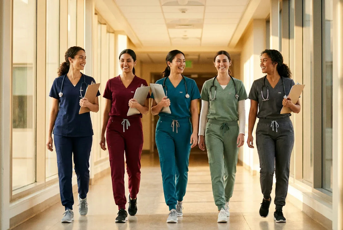 Five nurses in different colored scrubs