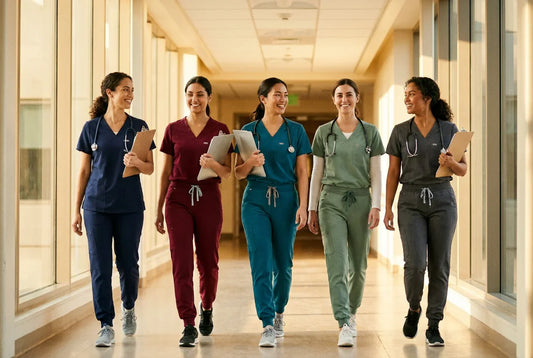 Five nurses in different colored scrubs