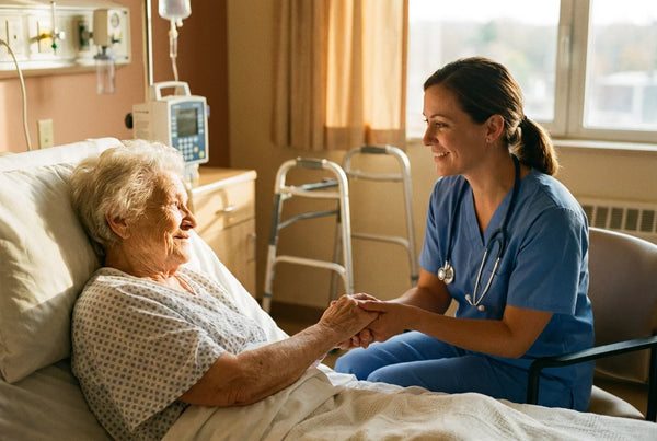 Elderly patient holding nurse hand genuine human connection