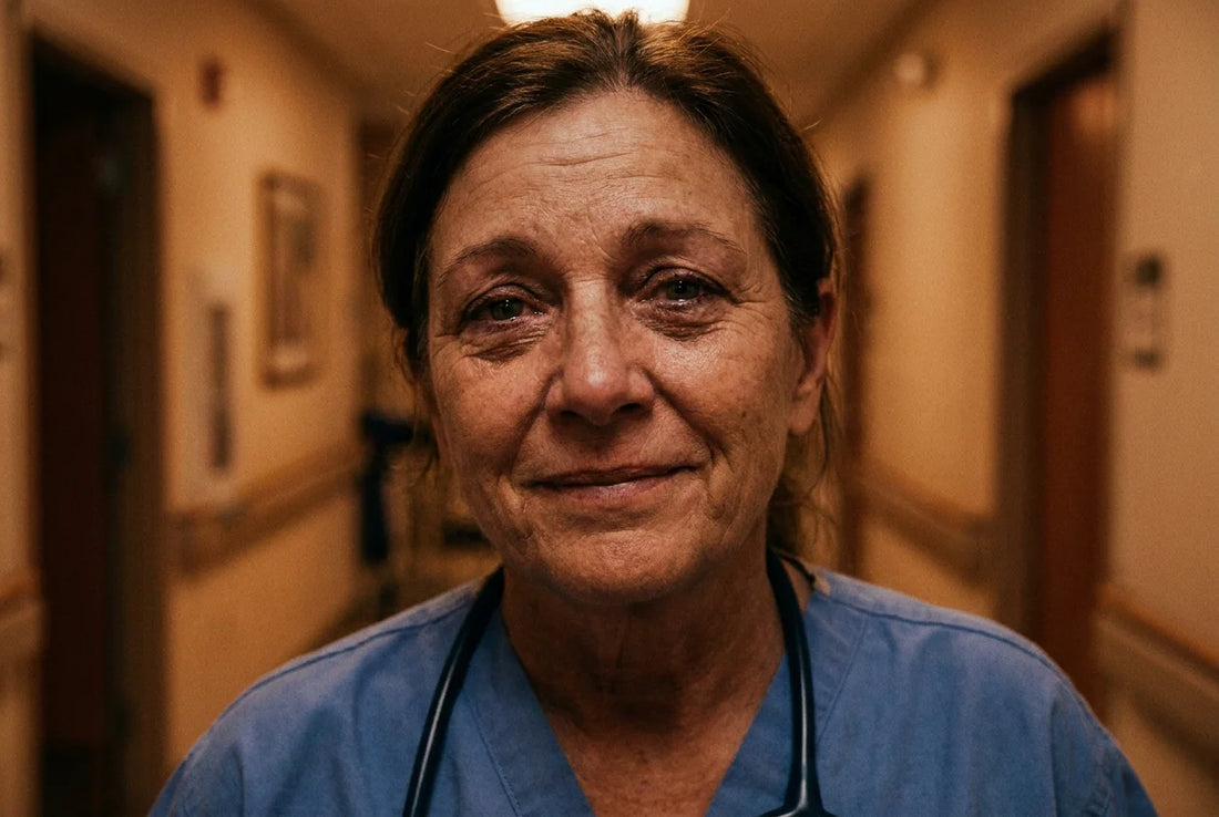 Close up nurse portrait strength and vulnerability after long shift
