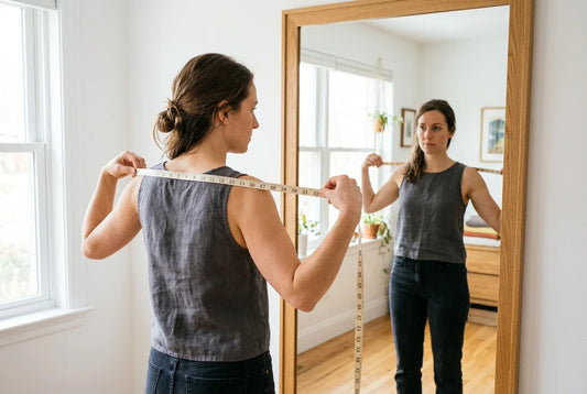 Woman measuring her shoulder width with tape in front of mirror