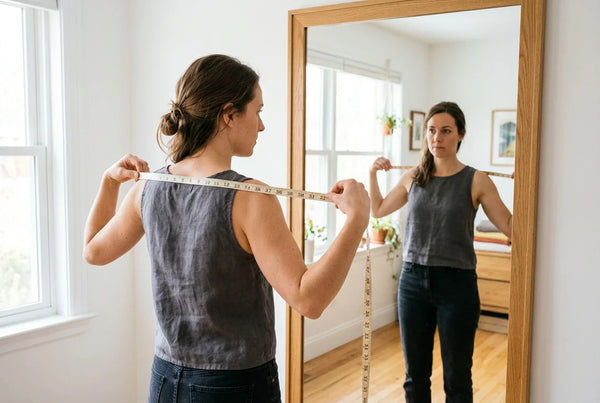 Woman measuring her shoulder width with tape in front of mirror