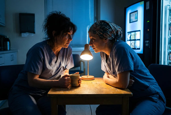 Two nurses sharing intimate conversation at 3am break room table