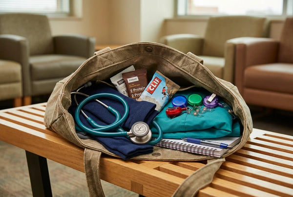 Nurse work bag contents stethoscope snacks compression socks organized