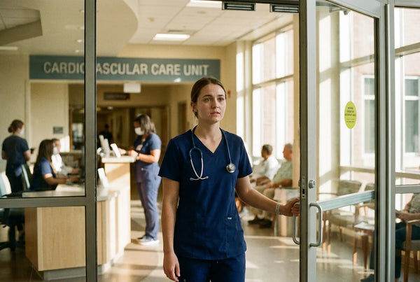 New graduate nurse standing at hospital entrance first day nervous hopeful