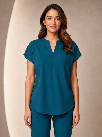 Women's Aegis Diamond Neckline Scrub Top - Shield Weave Peacock Blue