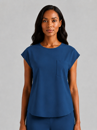 Women's Aegis Cap Sleeve Pocket Scrub Top - Shield Weave Titanium Blue