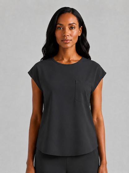 Women's Aegis Cap Sleeve Pocket Scrub Top - Shield Weave Black