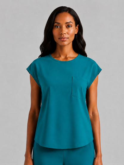Women's Aegis Cap Sleeve Pocket Scrub Top - Shield Weave Lake Blue