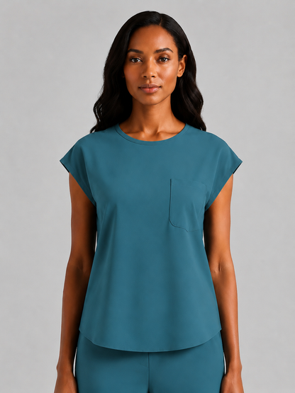 Women's Aegis Cap Sleeve Pocket Scrub Top - Shield Weave Teal