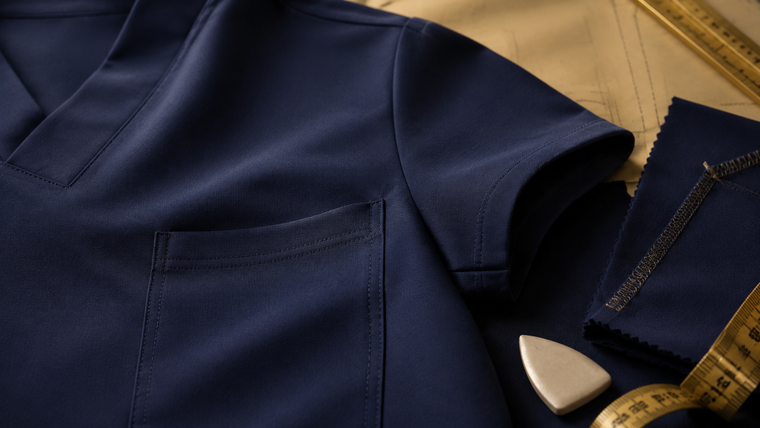 Navy scrub fabric with tailoring tools and construction details
