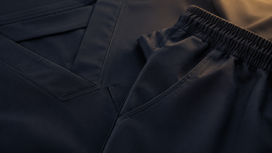 Close-up of scrub construction, waistband, seams, and pocket details